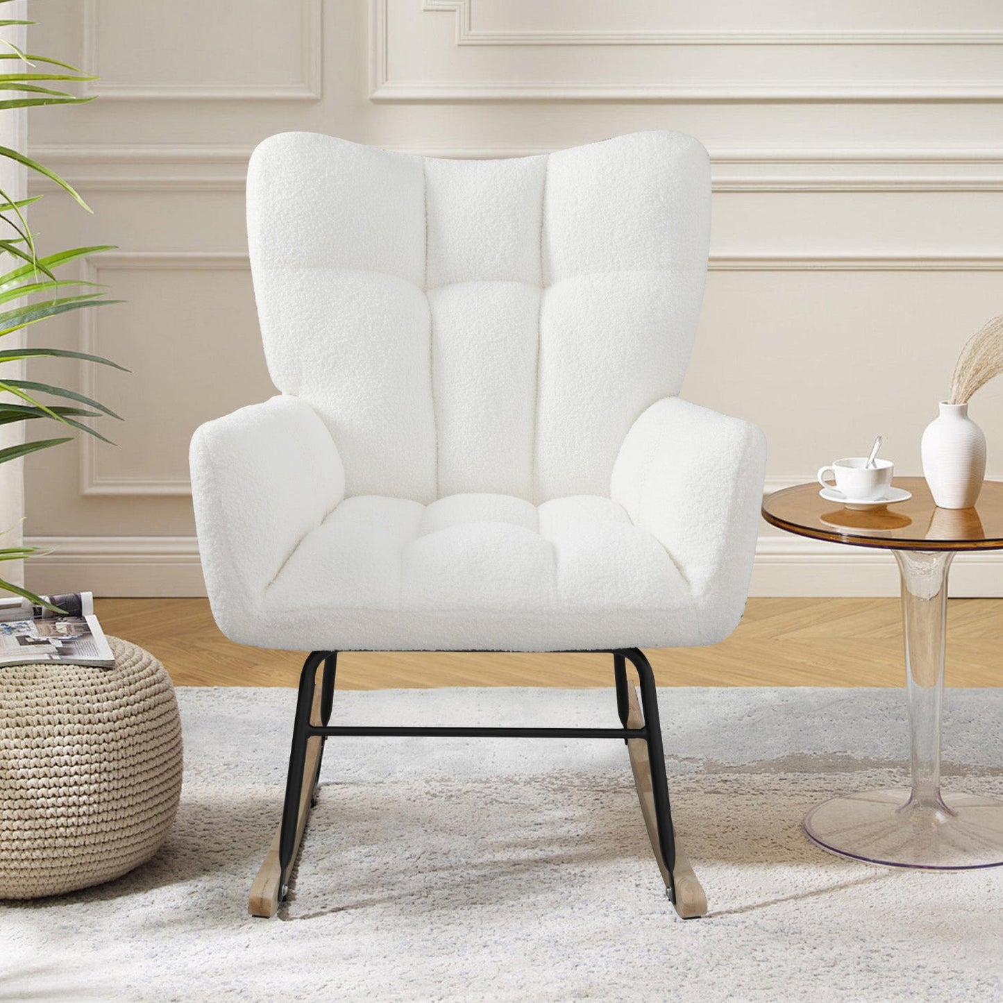 Silla mecedora de tela de terciopelo - Diseño moderno en blanco tapizado