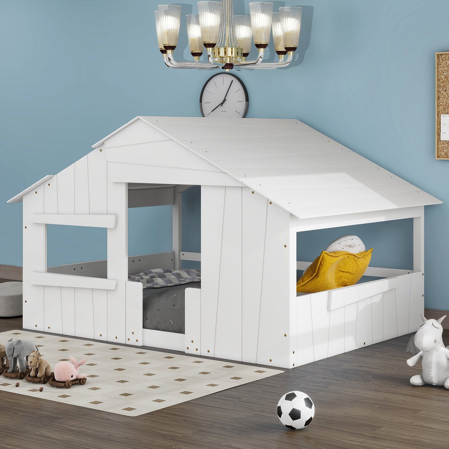 Wood Full Size House Bed with Roof, Window and Guardrail White - Korvel