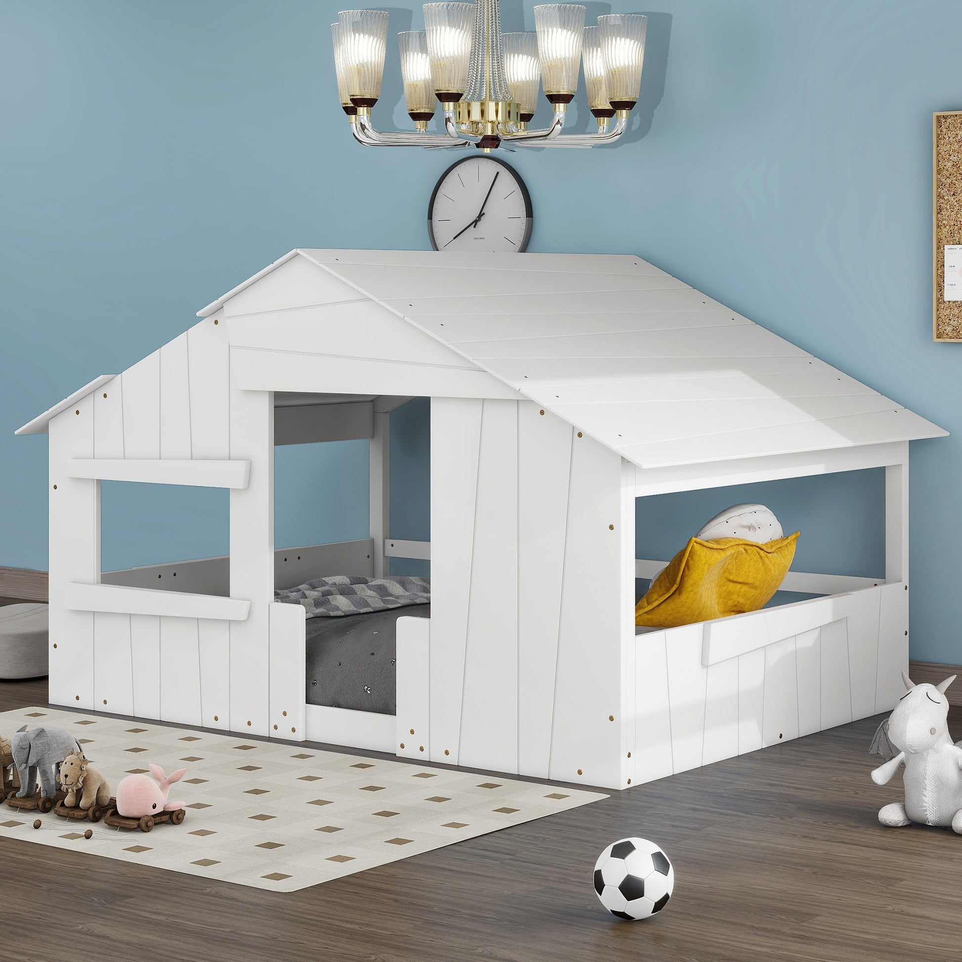 Wood Full Size House Bed with Roof, Window and Guardrail White - Korvel