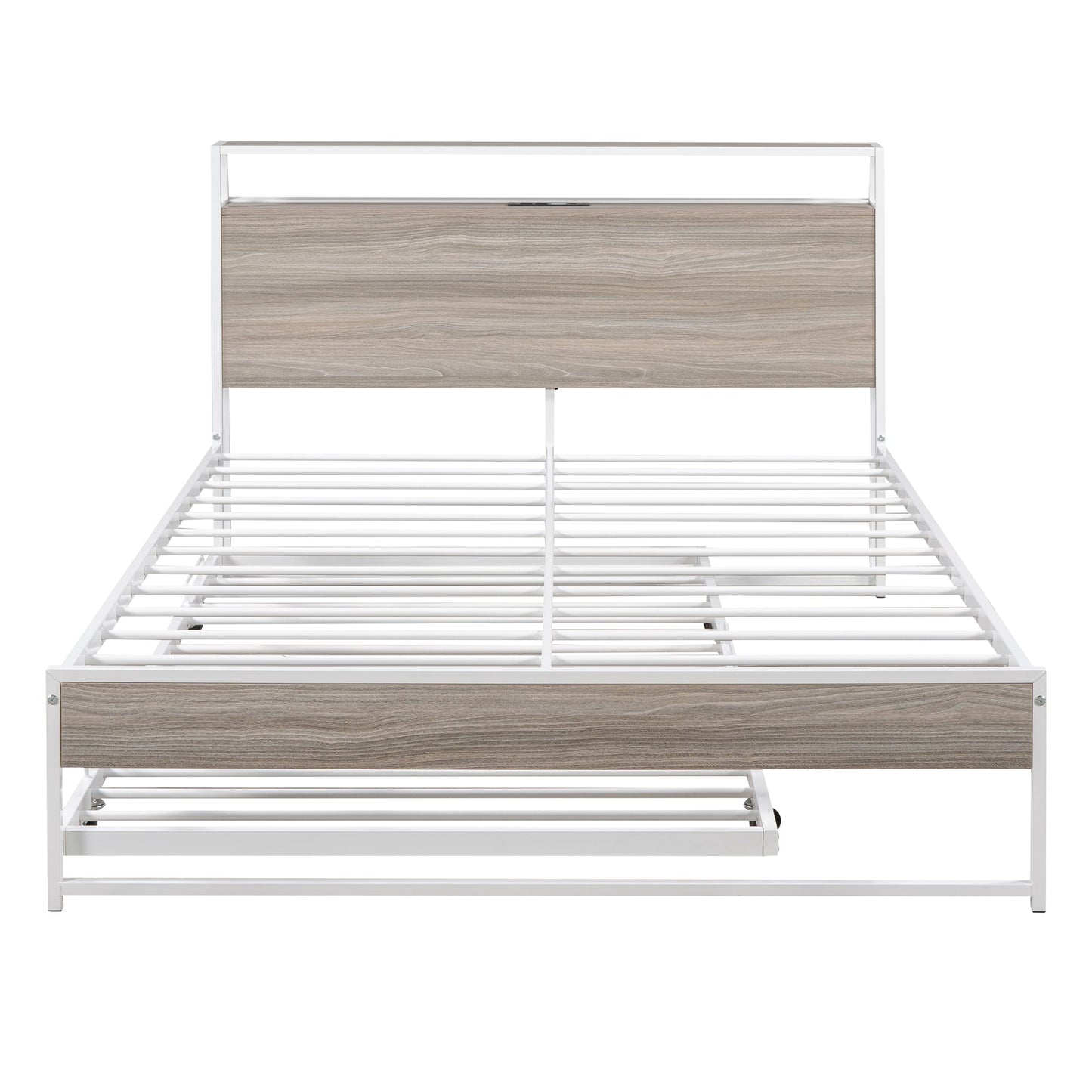 Full Size Metal Platform Bed Frame with Trundle, USB Ports and Slat Support No Box Spring Needed White - Korvel