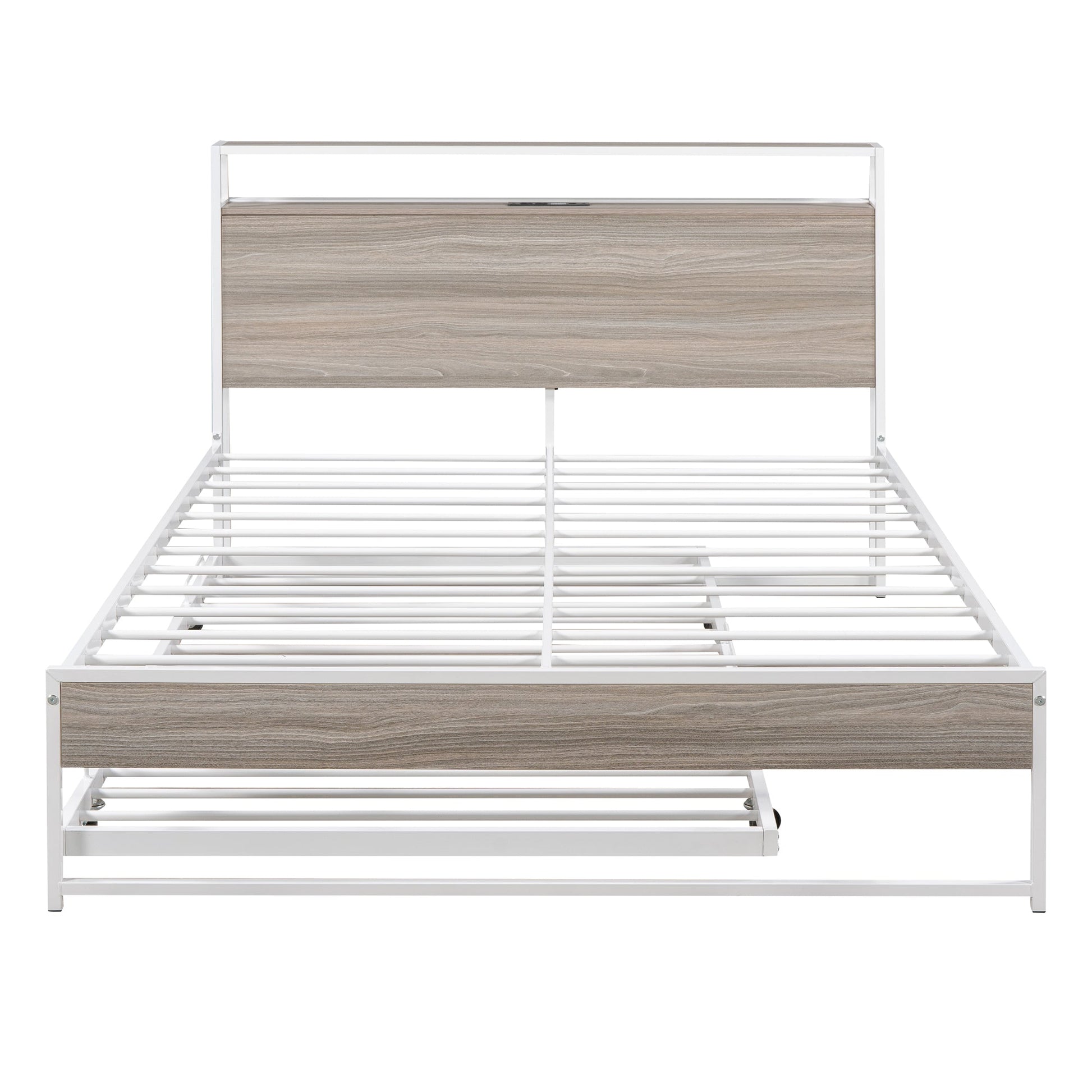 Full Size Metal Platform Bed Frame with Trundle, USB Ports and Slat Support No Box Spring Needed White - Korvel