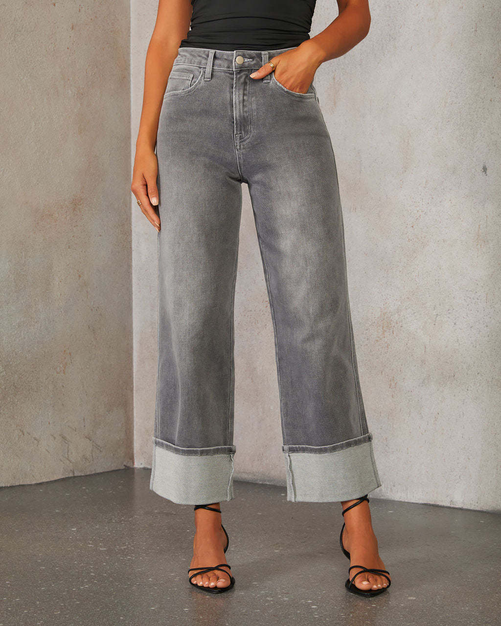 Straight leg jeans women's retro rolled edge high waisted pants - Korvel