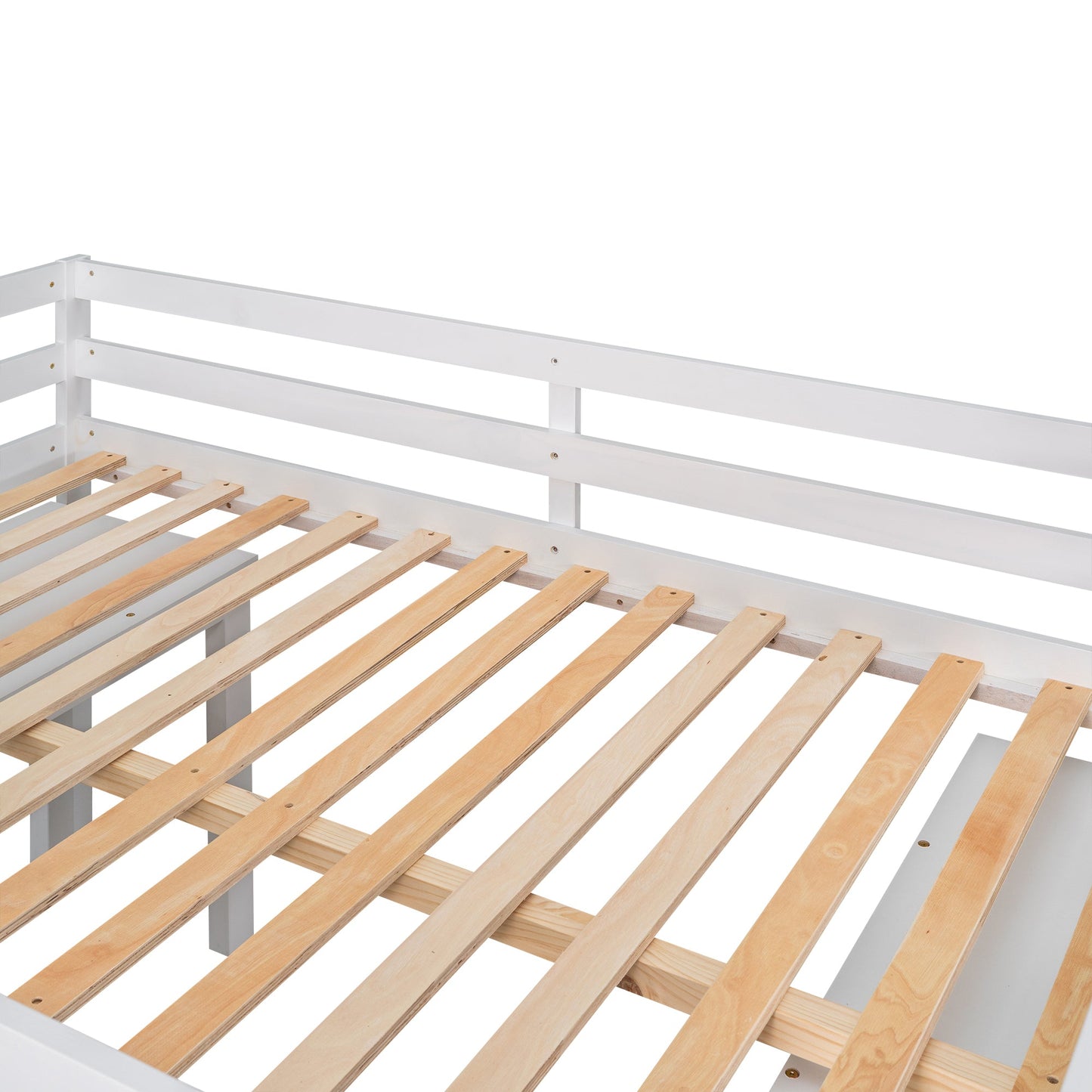 Low Study Full Loft Bed with Cabinet Shelves and Rolling Portable Desk Multiple Functions Bed- White - Korvel