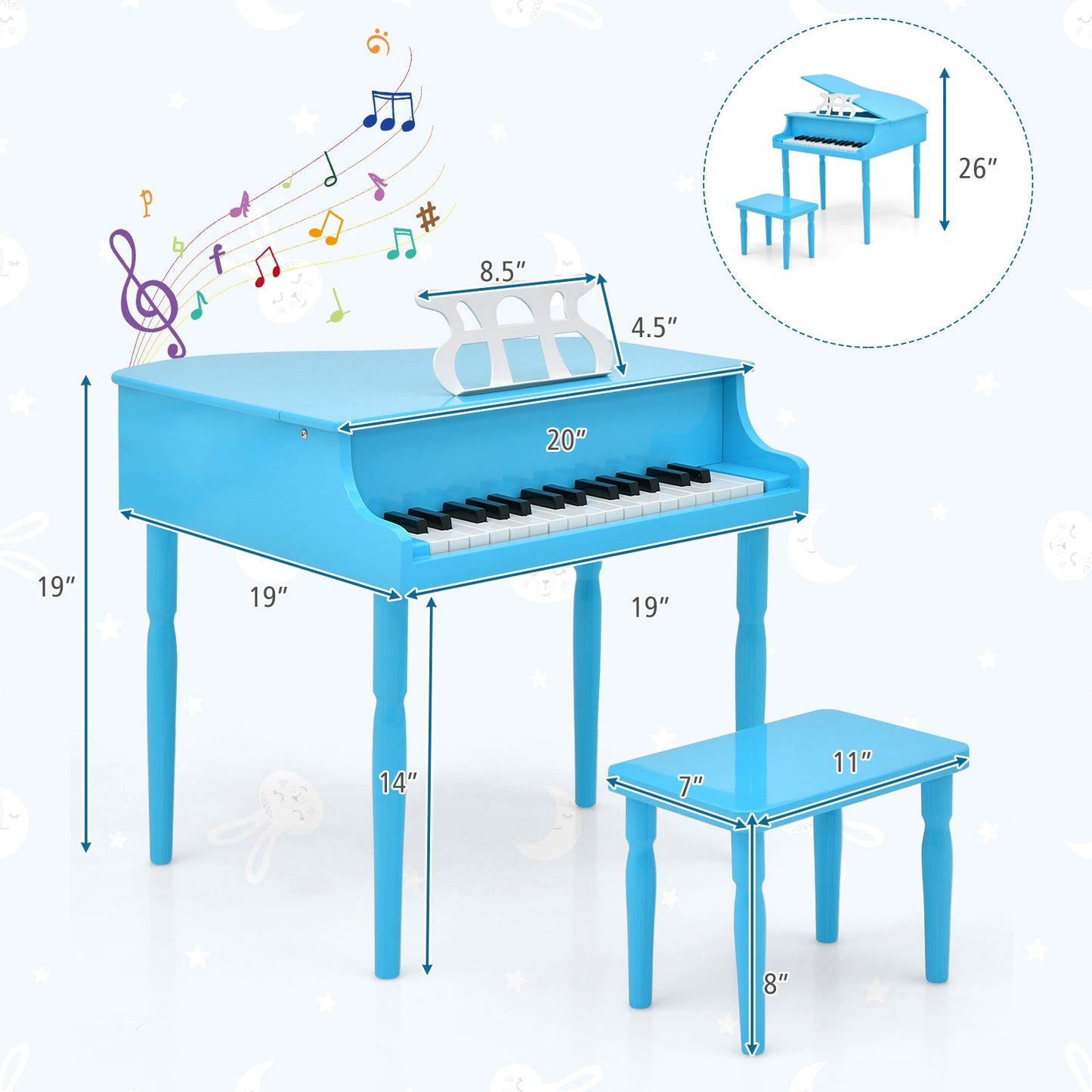 Piano à queue en bois pour enfants avec 30 touches et banc - Bleu