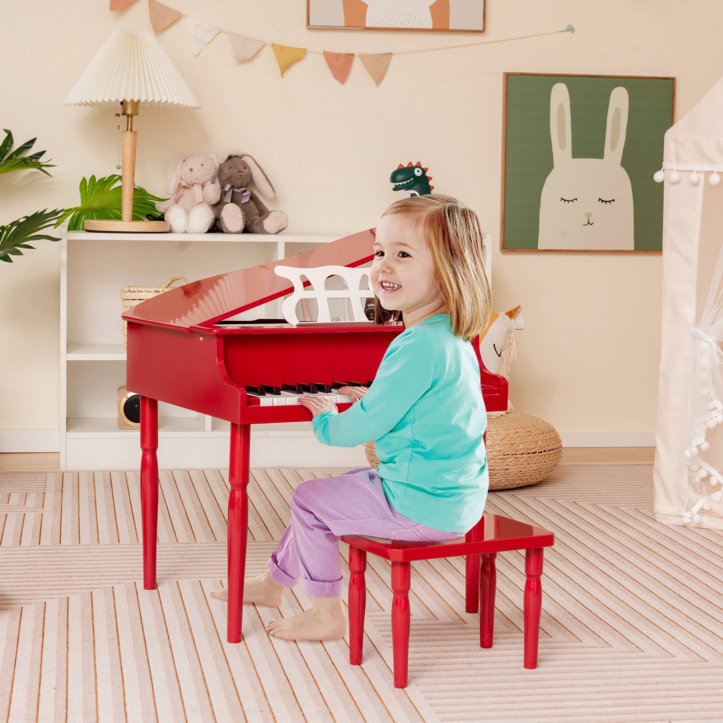 Piano à queue en bois pour enfants avec 30 touches et banc - Rouge