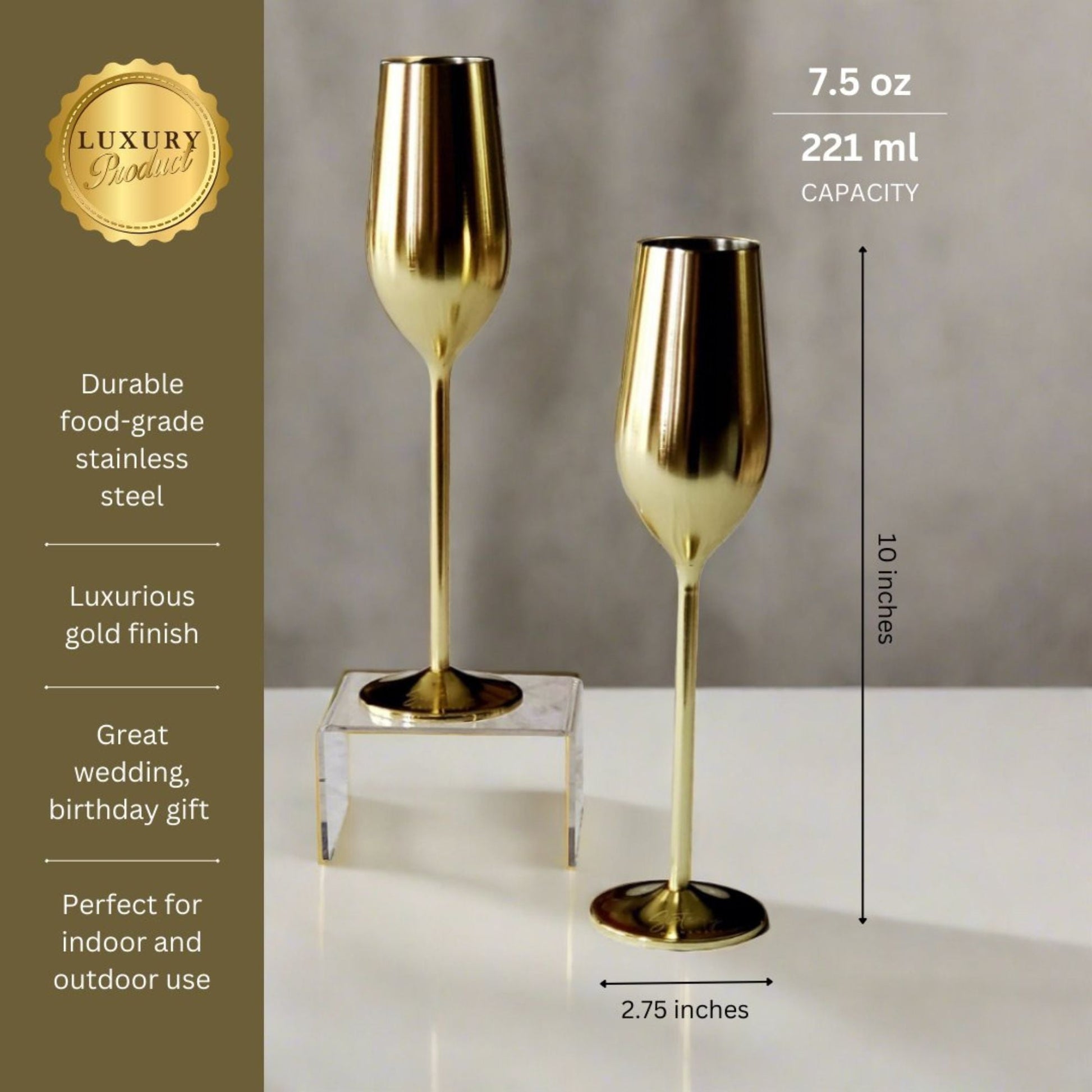 Elegant Gold Stainless Steel Champagne Flutes - Unbreakable & Chic - Korvel