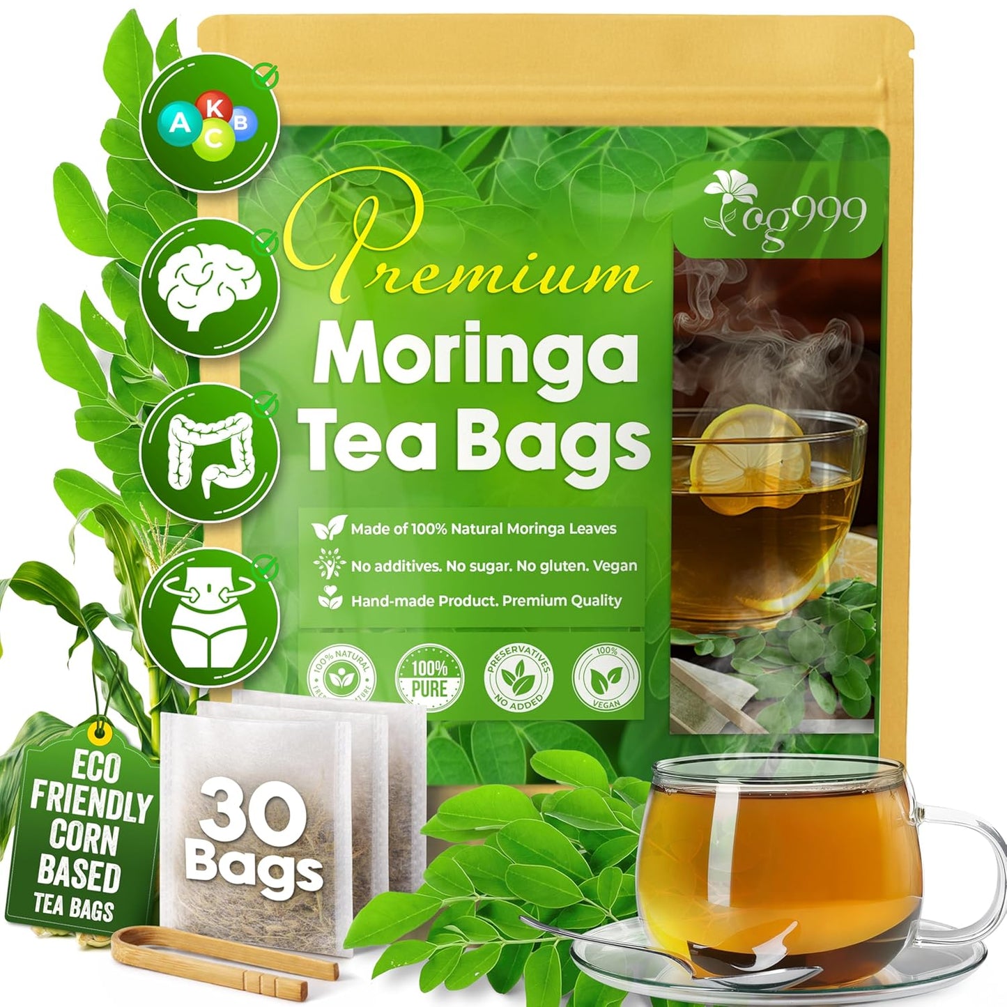 Bolsitas de té de hojas de moringa, 100 % natural y puro. Té de hojas de moringa a granel. Sin azúcar, sin cafeína, sin gluten, vegano.