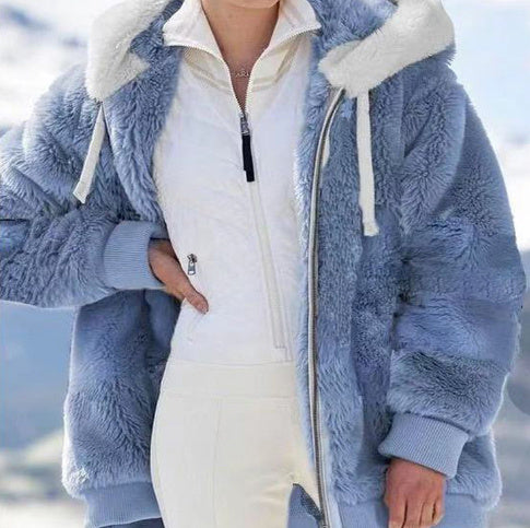 Autumn and Winter Loose Plush Zipper Hooded Jacket