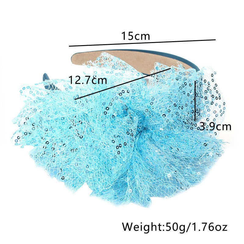 Solid color sequin flower wide edge girl style mesh headband - Korvel