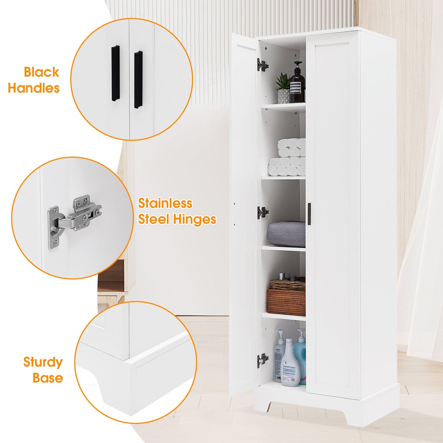 Storage Cabinet with Two Doors for Bathroom, Office, Adjustable Shelf, MDF Board, White - Korvel