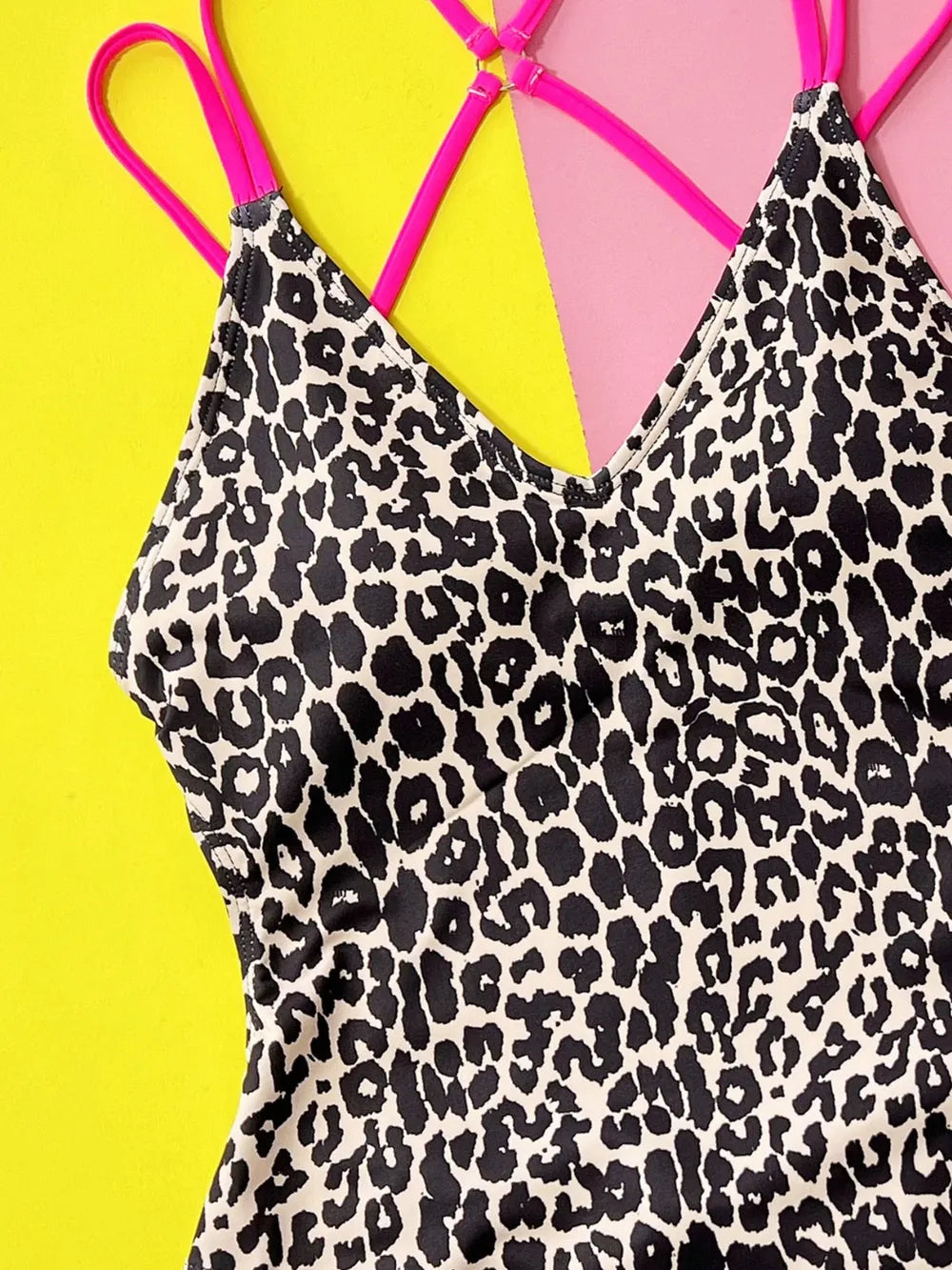 Leopard Plunge Spaghetti Strap One-Piece Swimwear - Korvel