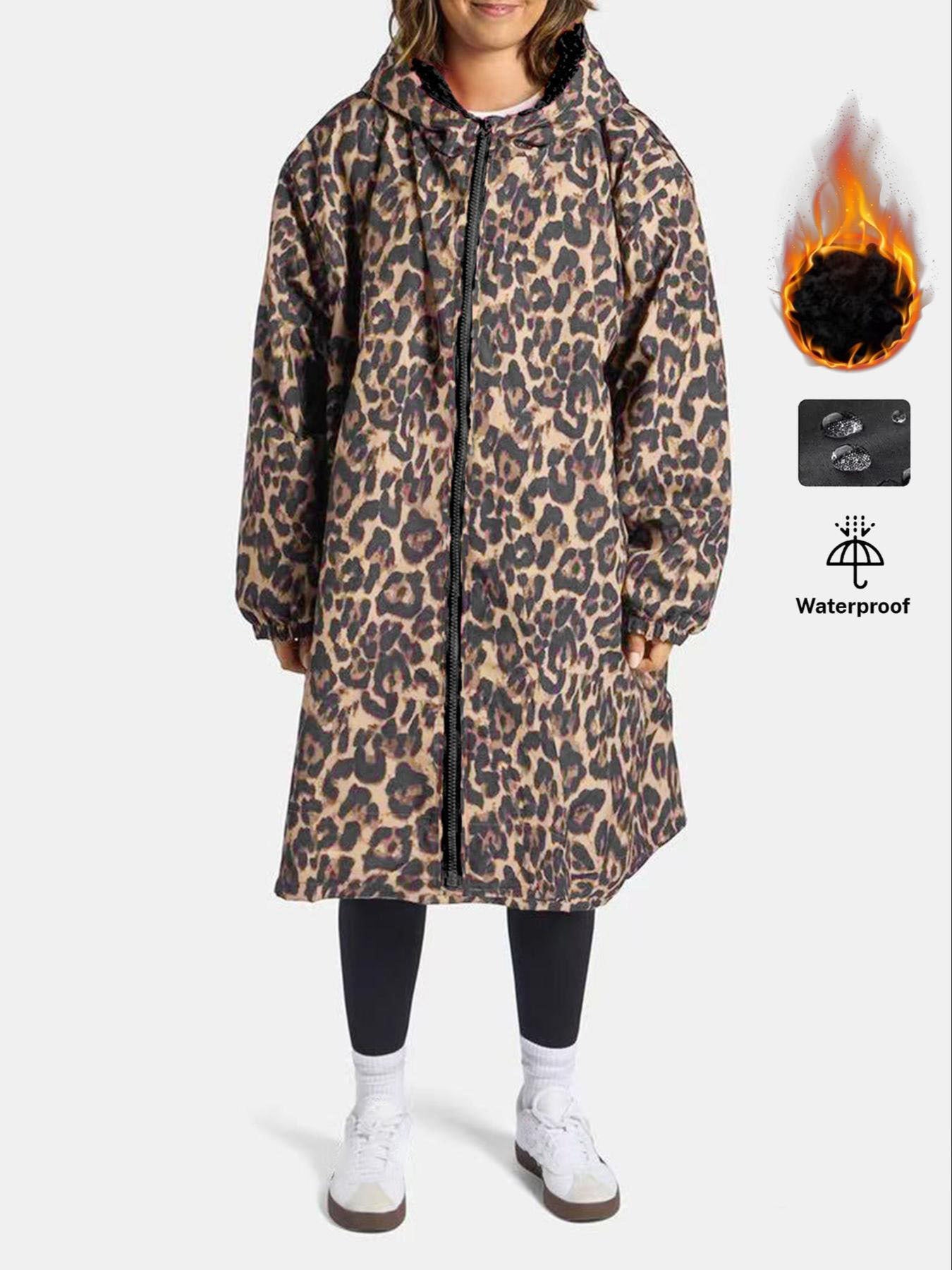 Fleece-Lined Hooded Leopard Print Trench Coat