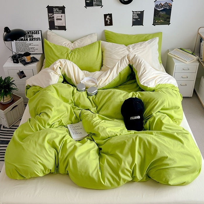 Washed Cotton Solid Color Double Spliced Four-Piece Bedding Set - Sheet, Quilt Cover, Pillowcases for Employee and Dormitory Use - Korvel