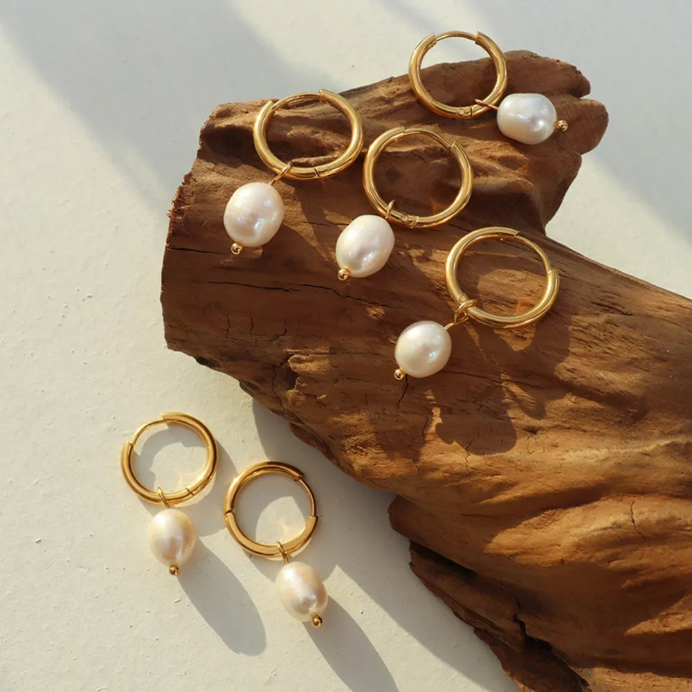 Retro earrings freshwater pearl ring earrings titanium steel 18K plated with real gold jewelry - Korvel