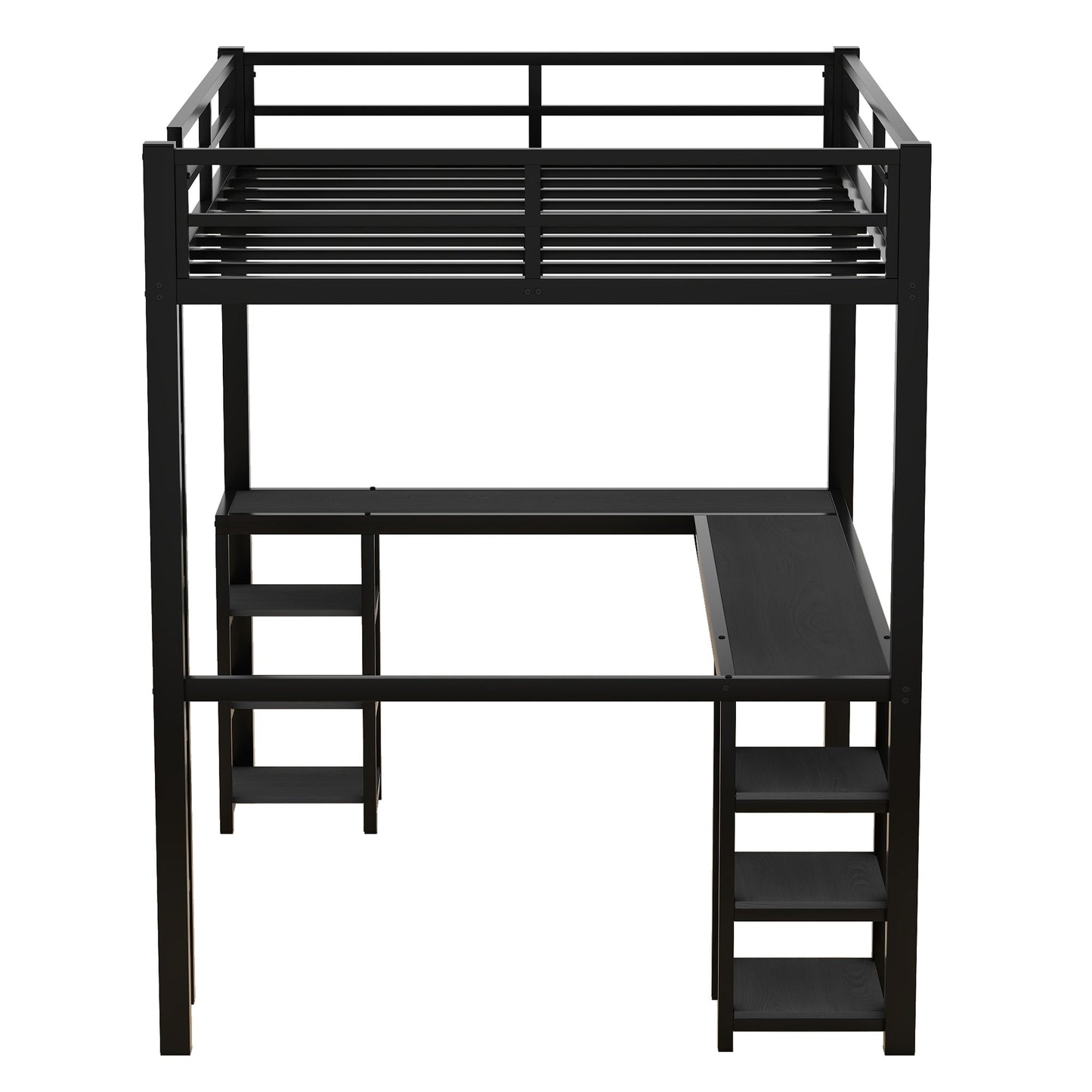 Cama loft de metal negro premium con escritorio y estantes