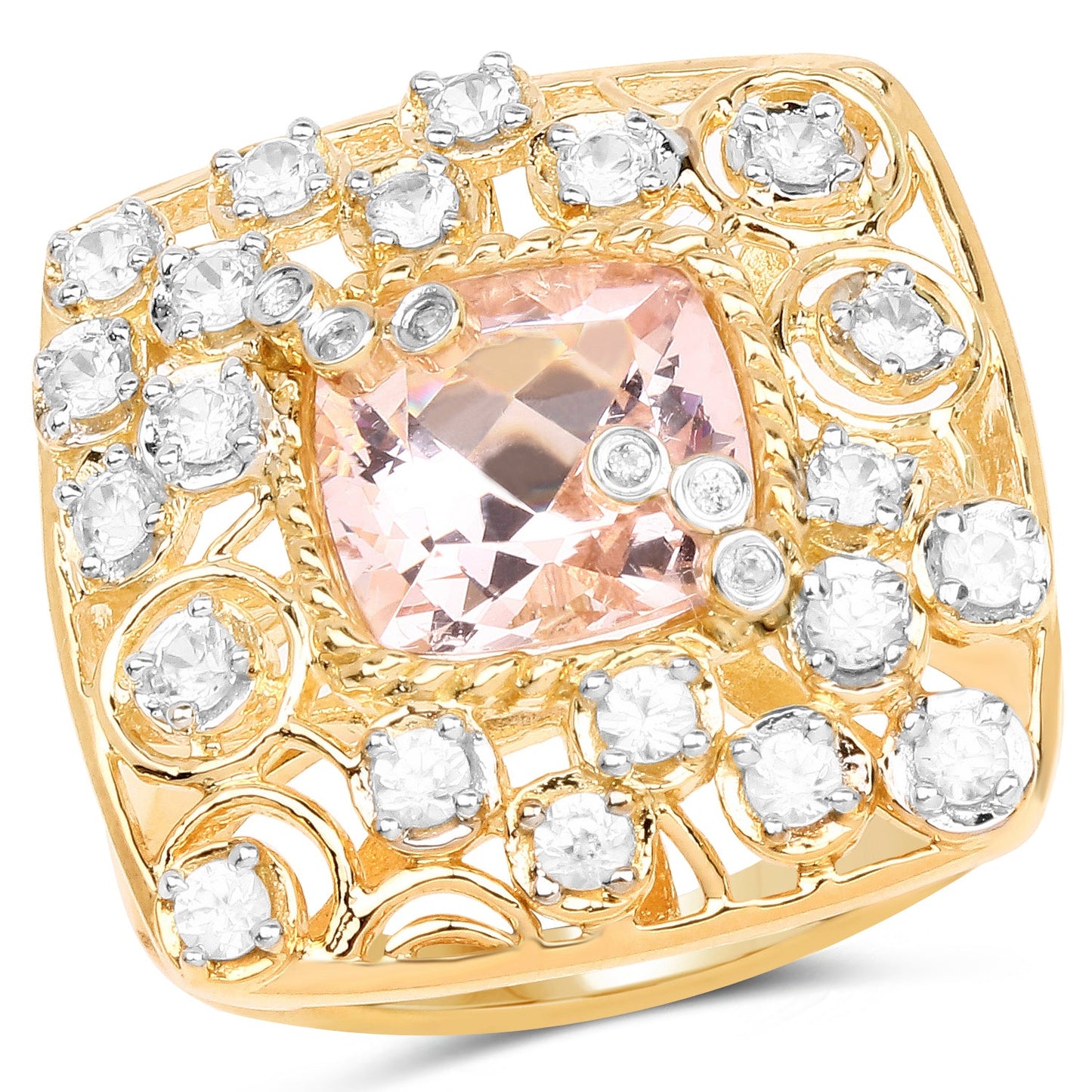 Anillo de cóctel de Morganita y Topacio Blanco Baño de Oro Amarillo de 14K