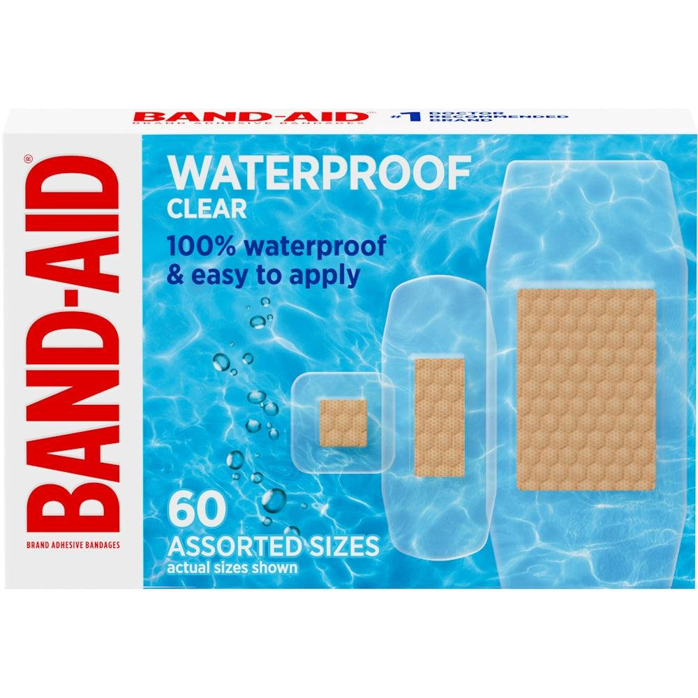 BAND-AID Bandages adhésives transparents imperméables - Tailles assorties, 60 unités