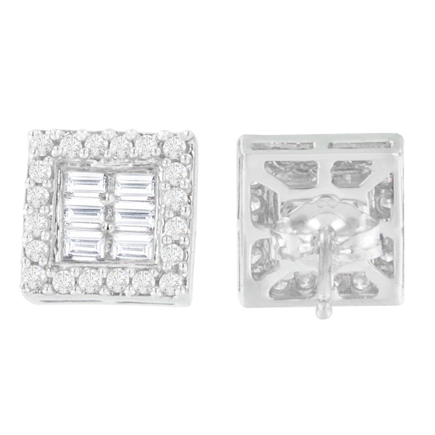 Pendientes de diamantes en oro blanco de 14 quilates con forma redonda y baguette