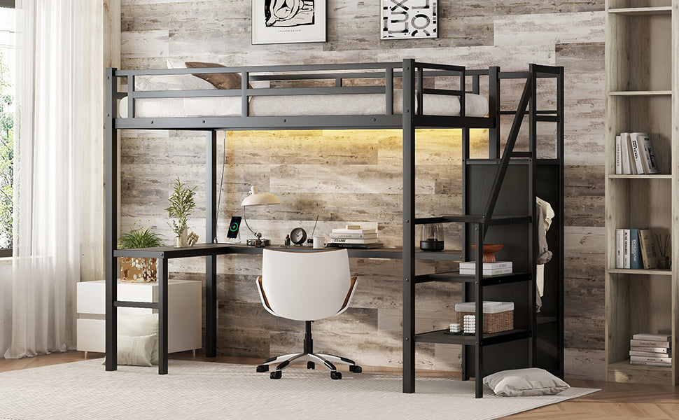 Twin XL Metal Loft Bed with L-shaped Desk and USB