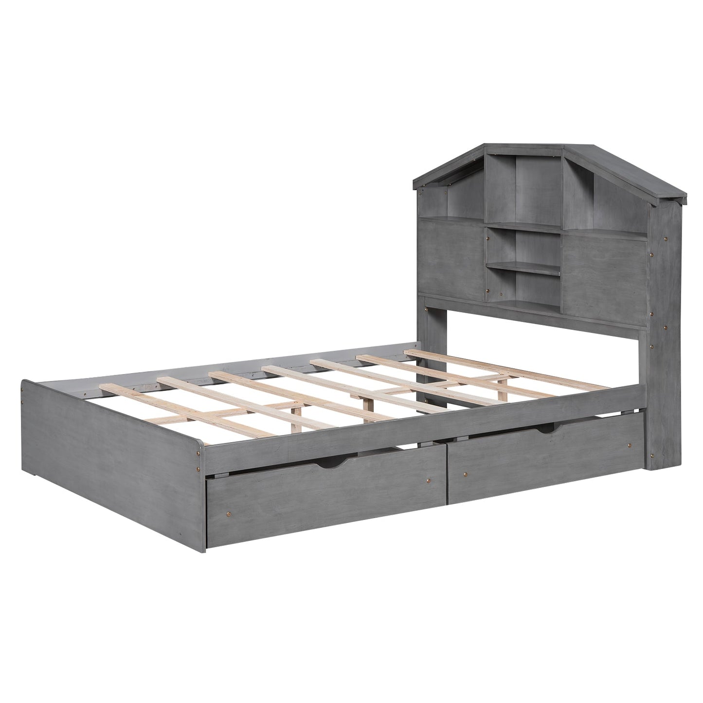Full Size Wood Platform Bed with Storage Headboard - Gray