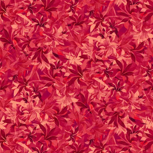 Tela de algodón de fondo ancho con hojas en sombra roja - Calidad premium