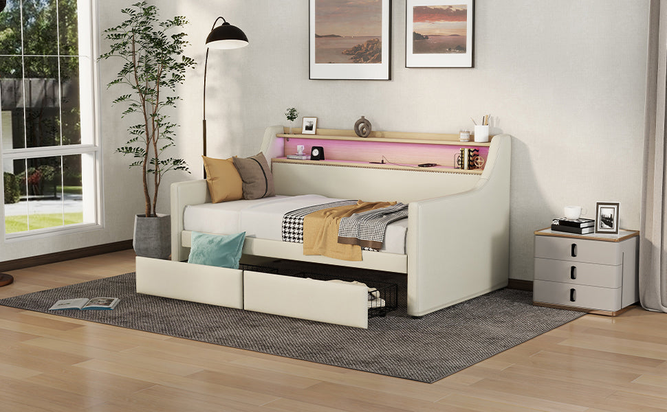 Twin Size Daybed with Storage Drawers, Upholstered Daybed with Charging Station and LED Lights, Beige - Korvel
