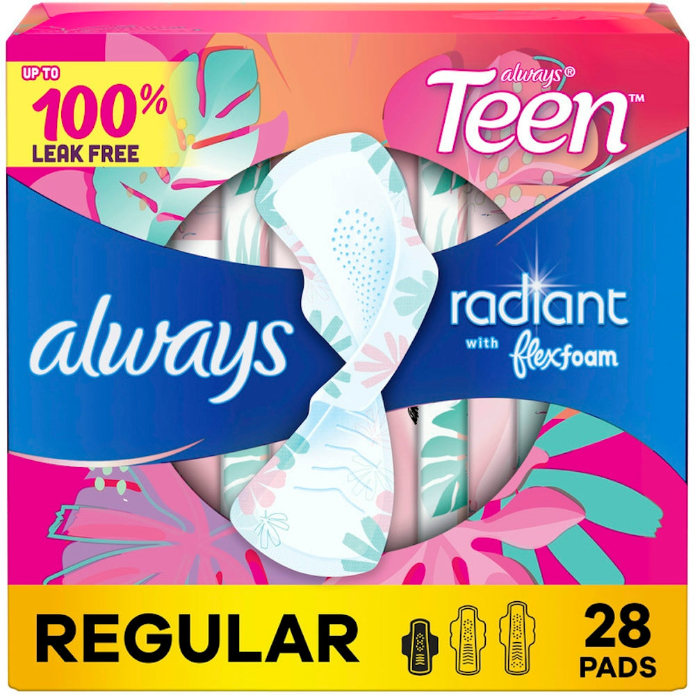 Always Radiant Teen Regular Pads with Wings, Non parfumés, Taille 1