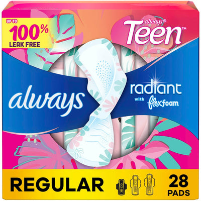 Always Radiant Teen Regular Pads with Wings, Unscented, Size 1
