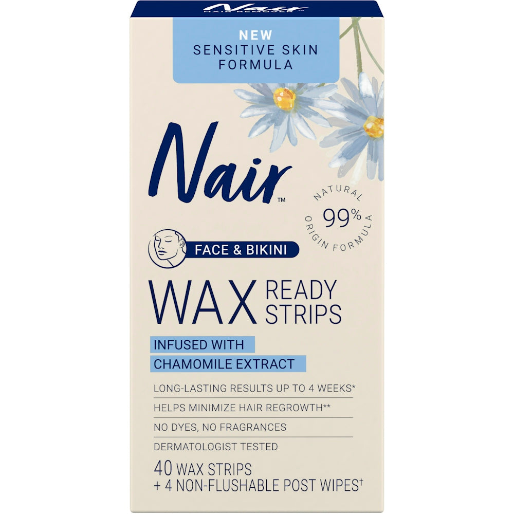 Cintas de cera facial sensible Nair listas para usar - 40 unidades