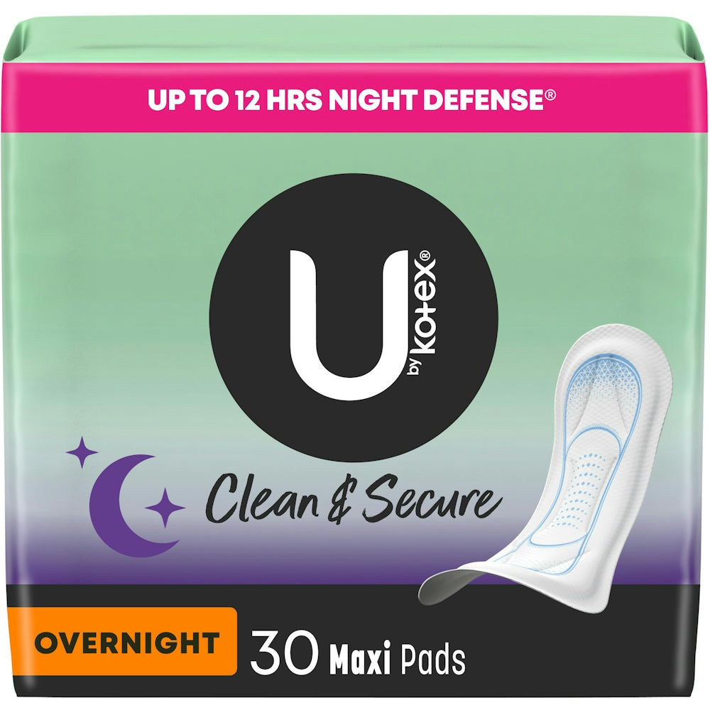 U by Kotex Clean & Secure Ultra Thin Overnight Pads with Wings, 30 Count