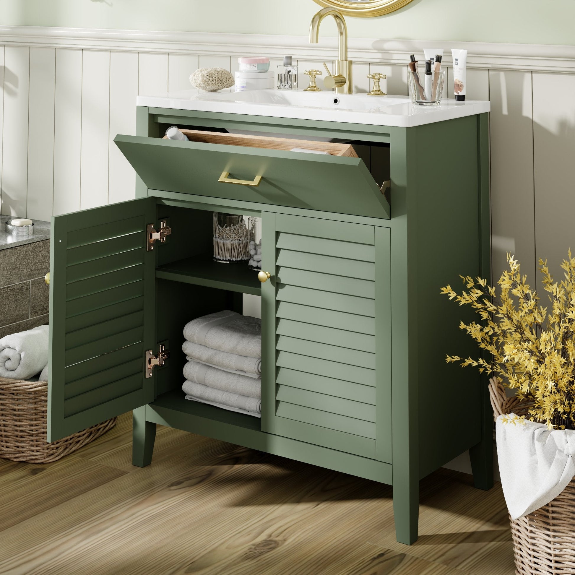 30-Inch Bathroom Vanity with Ceramic Sink Combination, Ample Storage - Features 1 Pullout and Multifunctional Shelf Dividers - Korvel