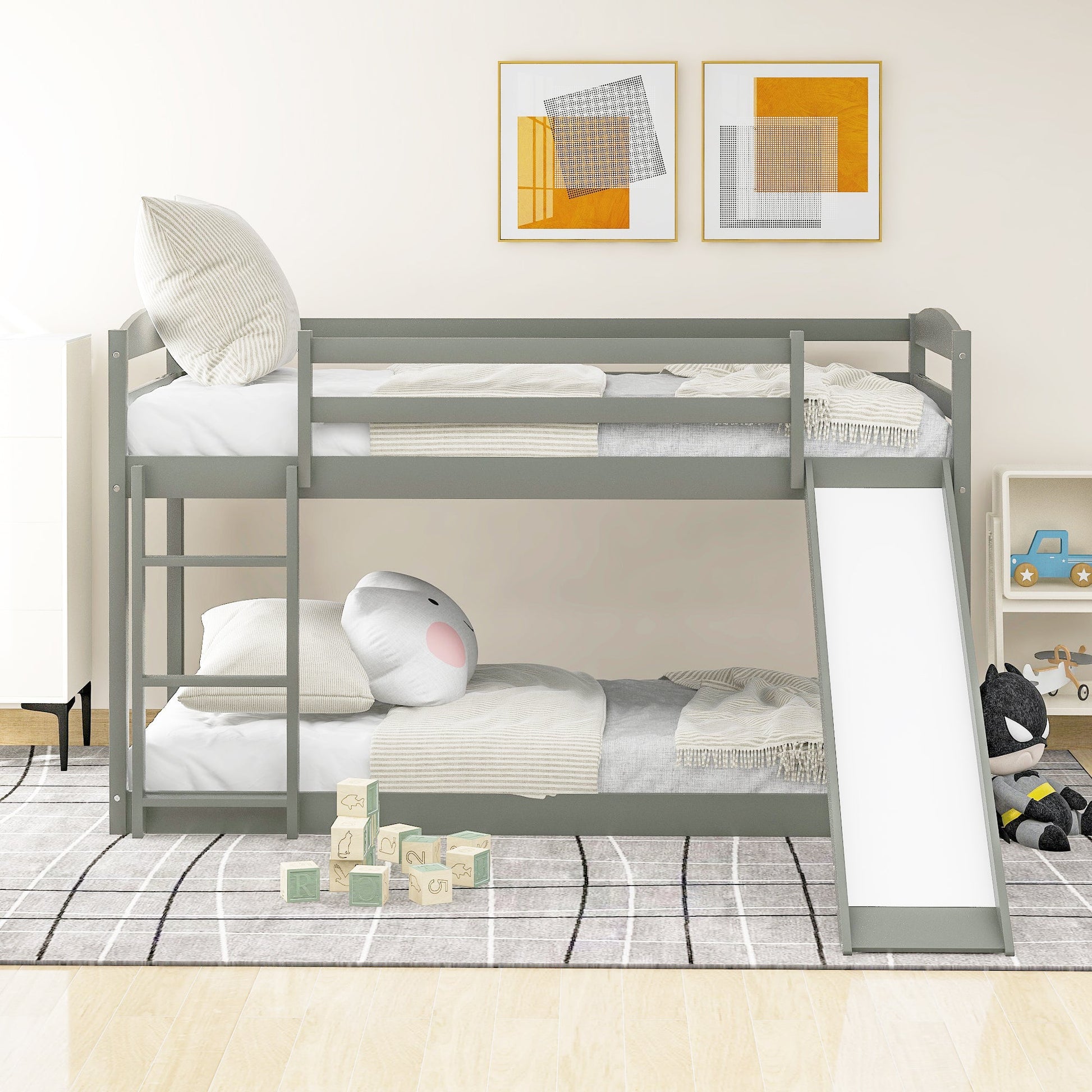 Twin over Twin Bunk Bed with Convertible Slide and Ladder Gray - Korvel