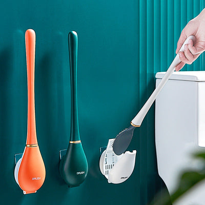 Non perforated wall mounted toilet brush with base, household dead corner cleaning silicone long handle - Korvel