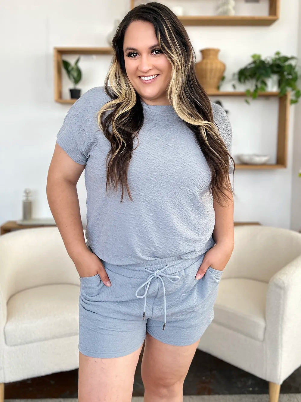 Double Take Full Size Texture T-Shirt and Shorts Set