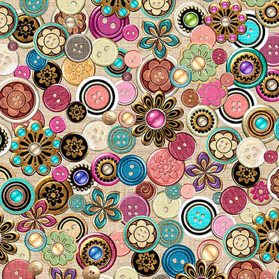 Multi Antique Buttons Sew Shabby Chic Cotton Fabric - 44"/45" Per Yard