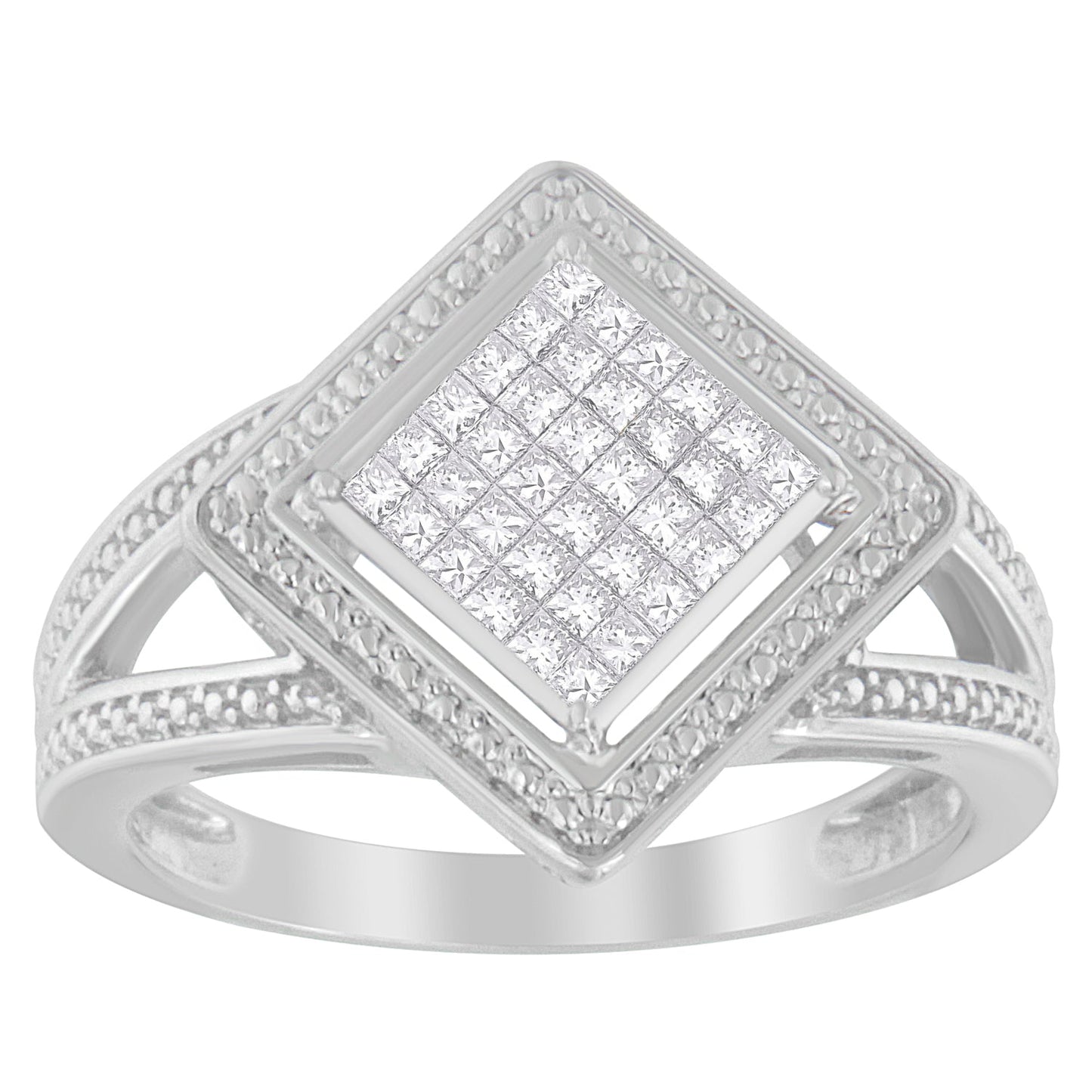 Anillo Halo de Diamante Corte Princesa de Plata Esterlina .925 - Tamaño 7