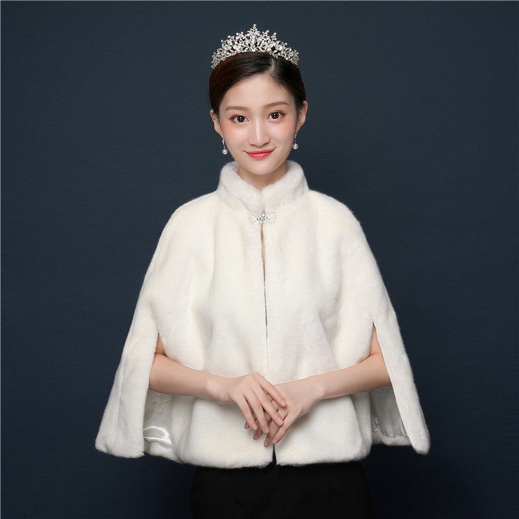 Bride's wedding dress fur shawl women's warm white cloak cheongsam jacket red cloak - Korvel