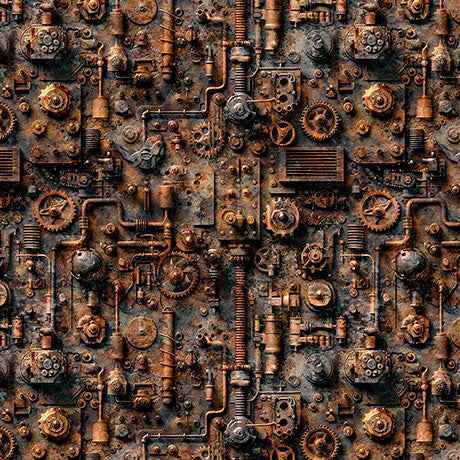 Rust Steam & Steel Train Mechanical Gears Cotton Fabric
