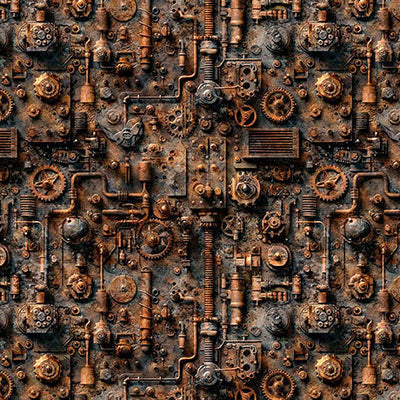 Rust Steam & Steel Train Mechanical Gears Cotton Fabric