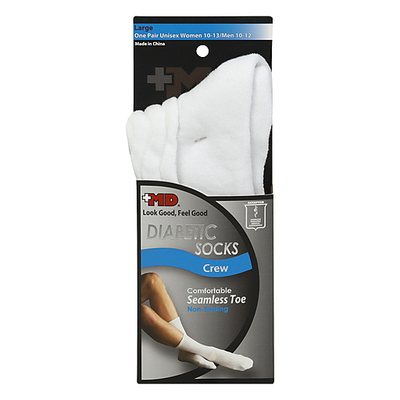 +MD White Diabetic Crew Socks - Large (1 Pair)