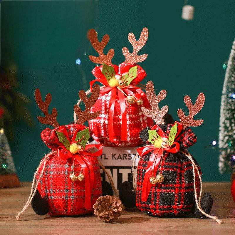 Christmas Apple Bag Antlers Checkered Cloth Gift Bag Christmas Eve Kindergarten Children's Small Gift Candy Bag - Korvel