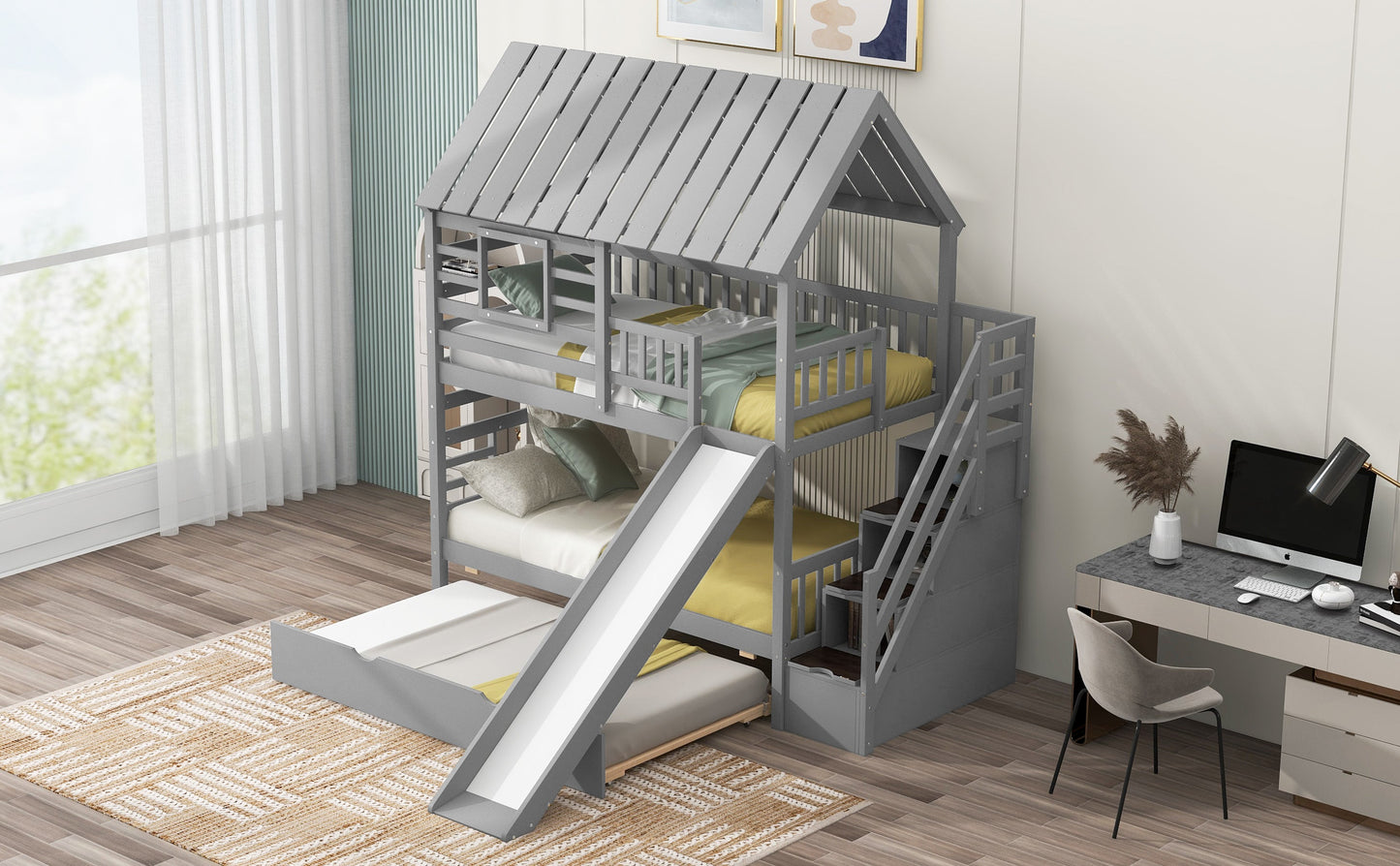 Lit superposé jumeau sur jumeau avec trundle et toboggan - Gris
