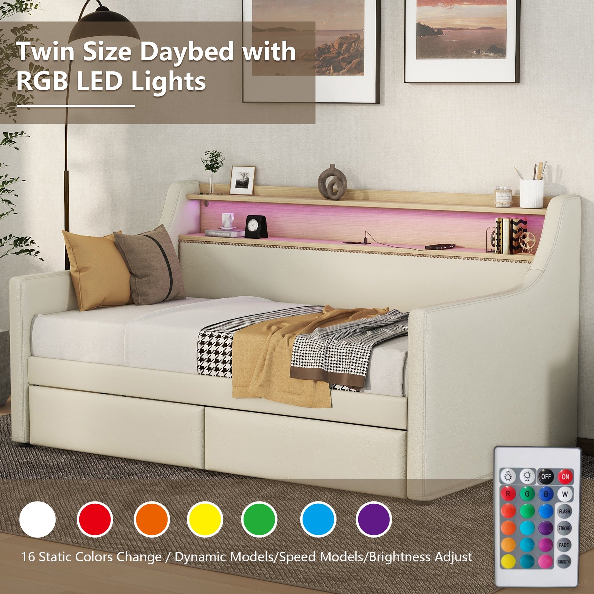 Twin Size Daybed with Storage Drawers, Upholstered Daybed with Charging Station and LED Lights, Beige - Korvel