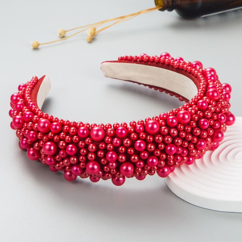 Hair Hoop Baroque Sponge Pearl Hair Accessories Women's Handmade Beaded Multicolor European and American Broad-brimmed Headband - Korvel
