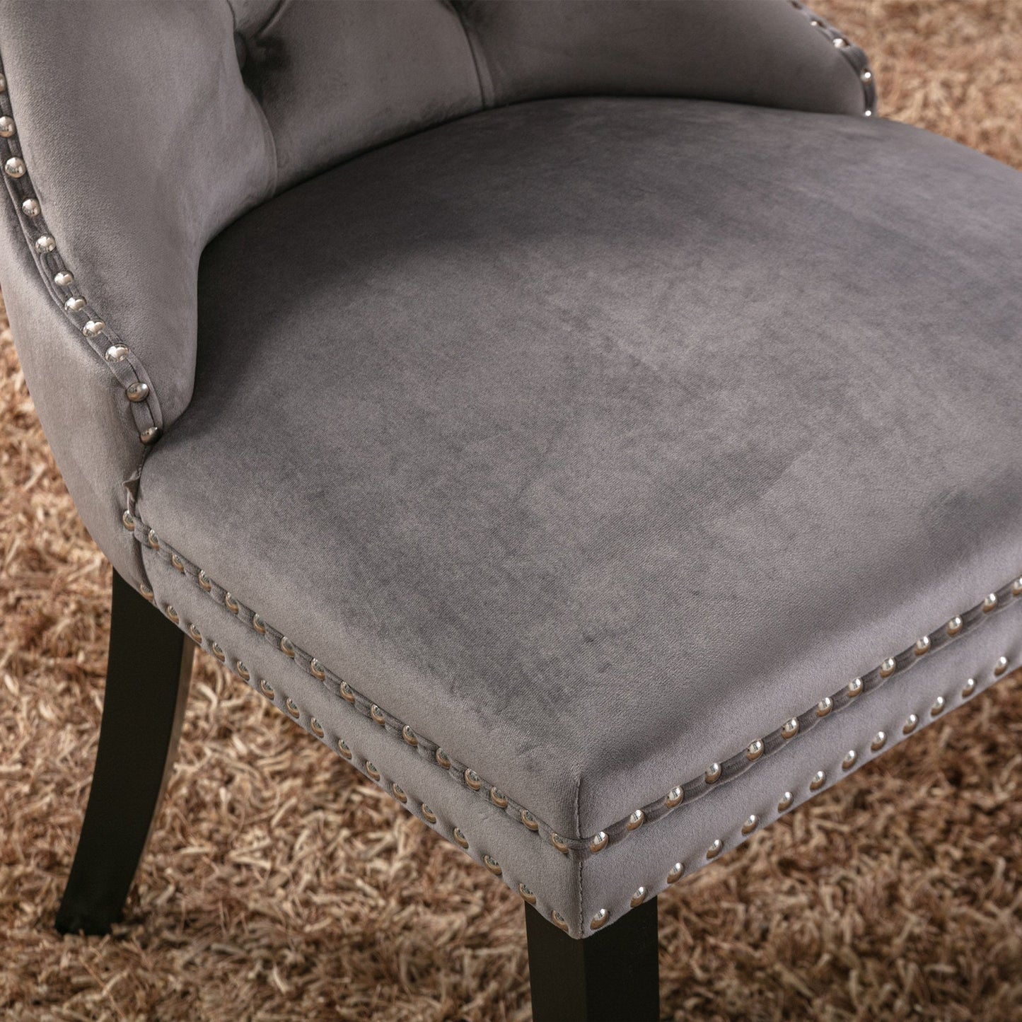 Modern high-end plush solid wood velvet cushioned dining chair with wooden leg nail head decoration, two piece set in gray - Korvel