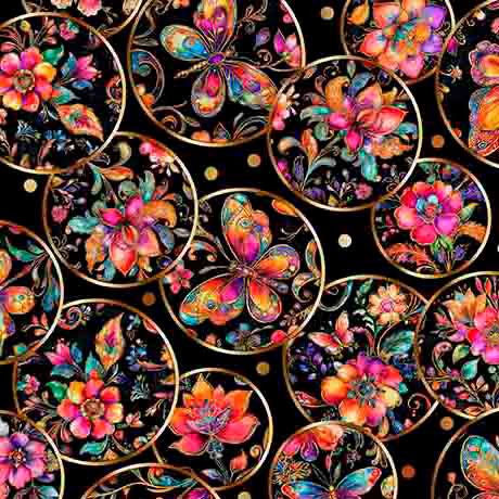 Tissu en coton noir à médaillon de papillon des jardins flottants - 44"/45" par yard