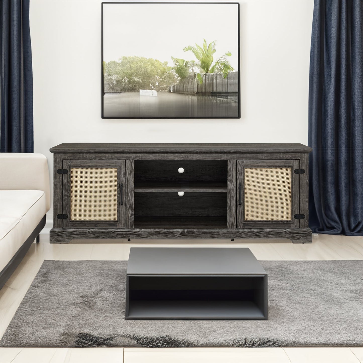 Vine TV stand console table, suitable for TVs under 70 inches, equipped with 2 storage shelves and 2 natural rattan doors, gray - Korvel