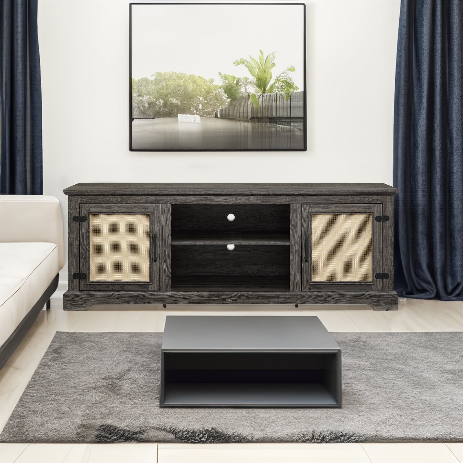 Vine TV stand console table, suitable for TVs under 70 inches, equipped with 2 storage shelves and 2 natural rattan doors, gray - Korvel