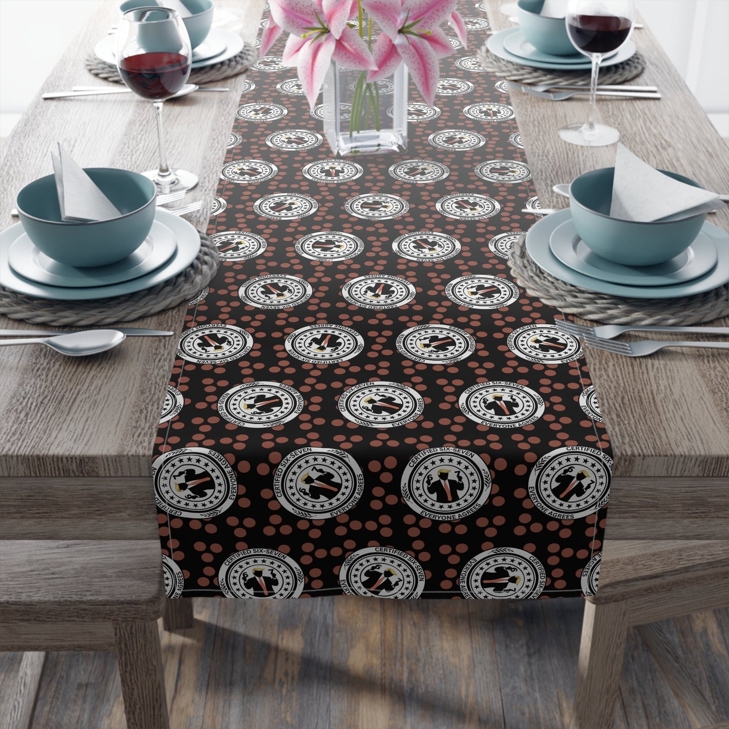 Certified Six Seven Table Runner – Political Parody Medallion Decor