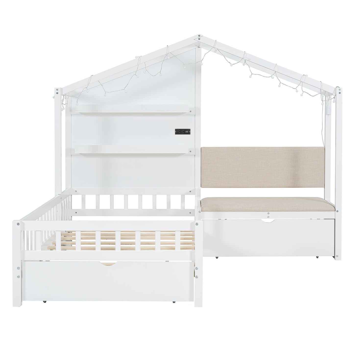 Twin Size House Bed with Upholstered Sofa and Charging Station